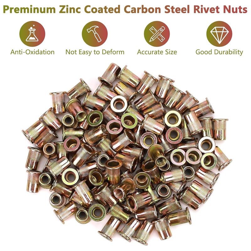 PRECIHW 100pcs M8 Rivet Nuts, M8 Flat Head Rivnut Threaded Insert Nuts with Knurled Body, Metric Zinc Plated Carbon Steel Insert Nutsert for Automotive, Furniture, Decoration - Image 5